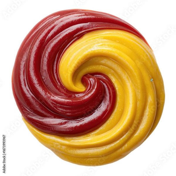 Obraz Tight ketchup and mustard rosette, yellow core wrapped in red, delivered as a transparent PNG cutout with no shadow. Ideal for menus, packaging, labels, recipe pages and food branding.