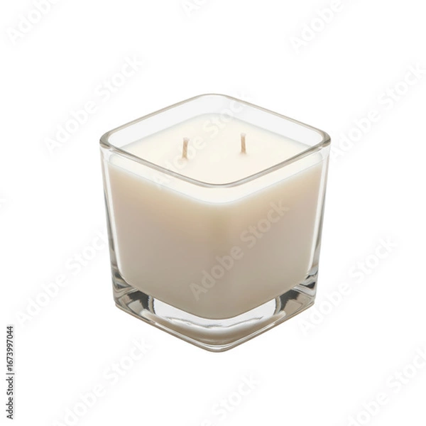 Fototapeta A modern square glass candle with two wicks and creamy white wax, ideal for creating a cozy ambiance or as a stylish home decor accent.