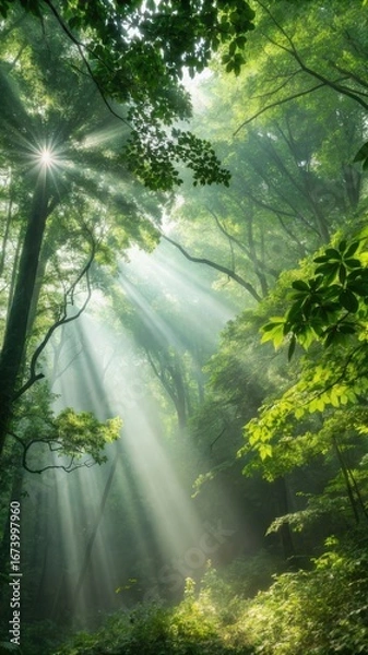 Fototapeta Sunlight streams through a dense vibrant green forest canopy creating magical light beams in nature