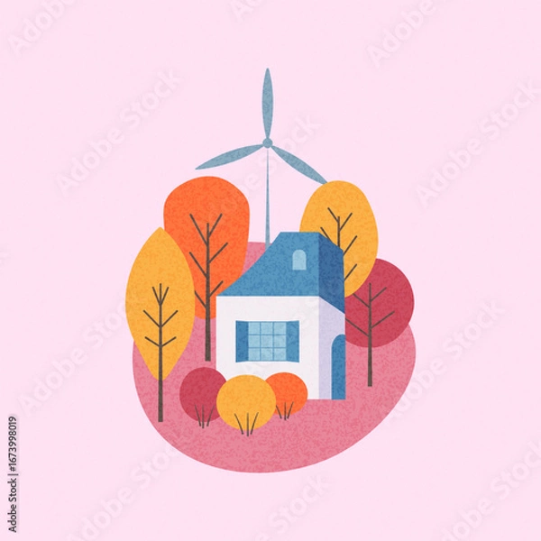 Obraz Trendy, colorful autumn poster, cover, and card featuring houses among trees and autumn forests. Autumn background, template for advertising, sales, websites, social media, and print