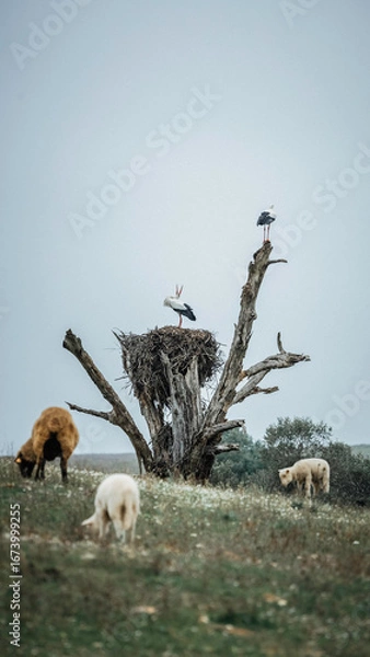 Fototapeta a tree, stork and sheep