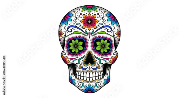 Obraz Ornate Decorative Skull with Floral Patterns and Traditional Mexican Day of the Dead Aesthetic Isolated on Black
