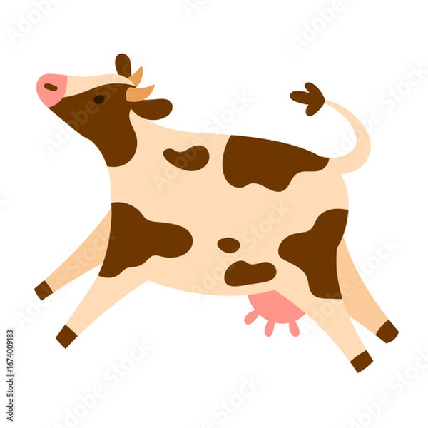 Fototapeta Playful spotted dairy cow leaping with curved tail and visible udder, simple flat style, isolated on white. Ideal for farm, milk, and kids projects