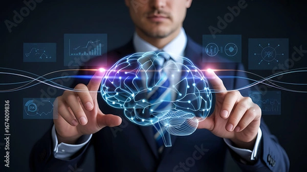 Fototapeta Businessman interacts with futuristic digital brain network understanding artificial intelligence and neural connections