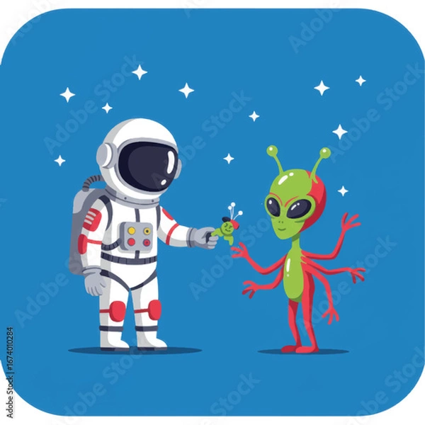 Fototapeta Cartoon astronaut offering a green toy raygun to a friendly red and green alien