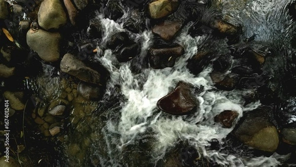 Fototapeta Scenic river with flowing water, rocks, trees, underwater view and sun reflection