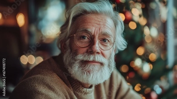 Obraz Smiling senior man with white hair and beard, in glasses near a Christmas tree.