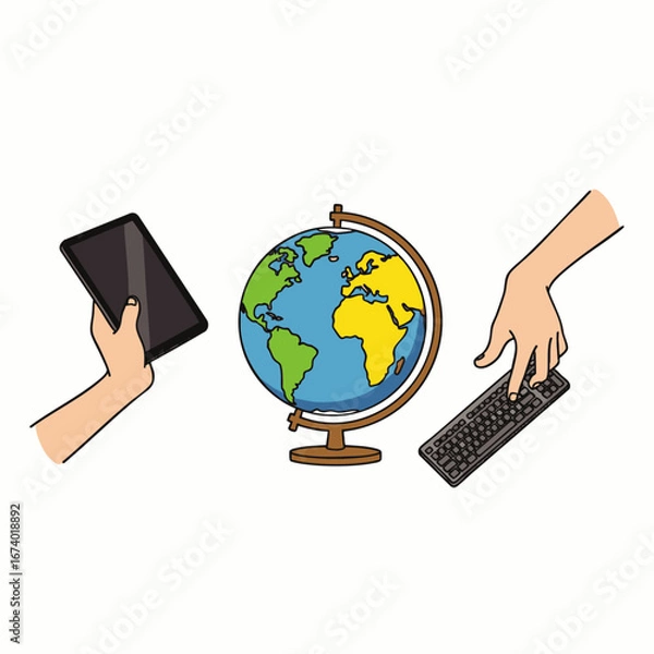 Obraz This illustration depicts hands interacting with digital devices like a tablet and keyboard, symbolizing global connectivity and online learning around the world.