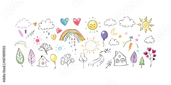 Fototapeta Colorful doodle set with sun moon rainbow and houses vector