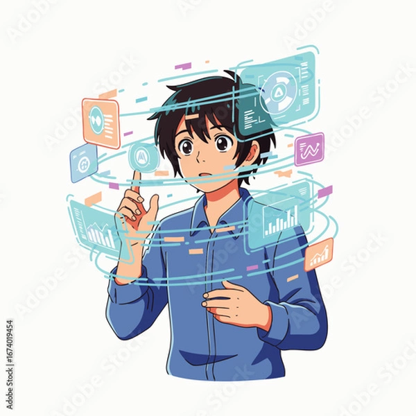 Obraz A young anime-style man interacts with a futuristic holographic interface, surrounded by dynamic digital data, representing advanced technology and VR.