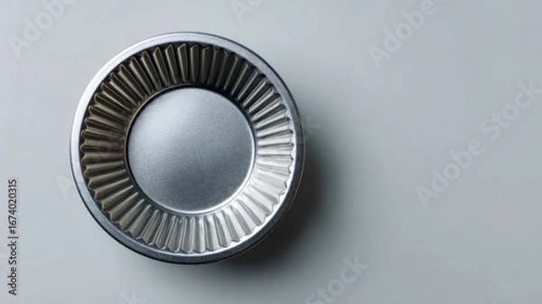 Fototapeta Top view of single clean metallic muffin tin for baking. empty round kitchenware mold sits on plain background, ready for homemade recipe or culinary creation