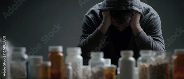 Fototapeta Person with head in hands surrounded by pill bottles experiencing stress and medication overdose concerns