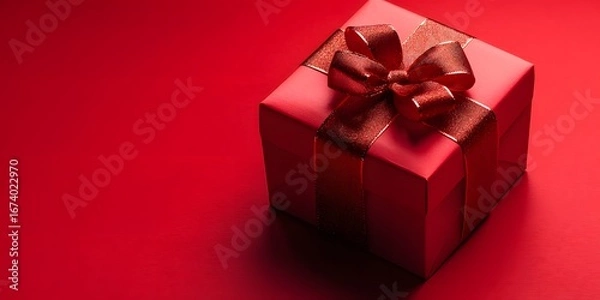 Fototapeta Red Gift Box with Shiny Bow on Red Background