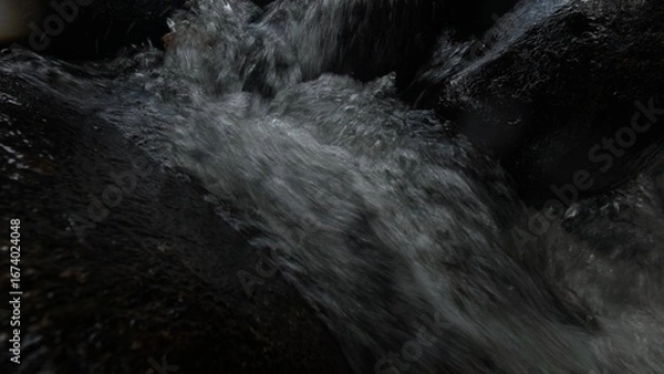 Fototapeta Scenic river with flowing water, rocks, trees, underwater view and sun reflection