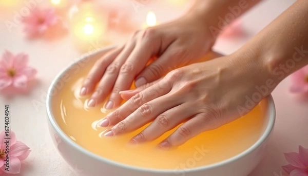 Fototapeta Hands immersed in warm paraffin bath for skin softening and rejuvenation. Delicate flowers and glowing candles create a serene spa ambiance for ultimate relaxation and pampering.