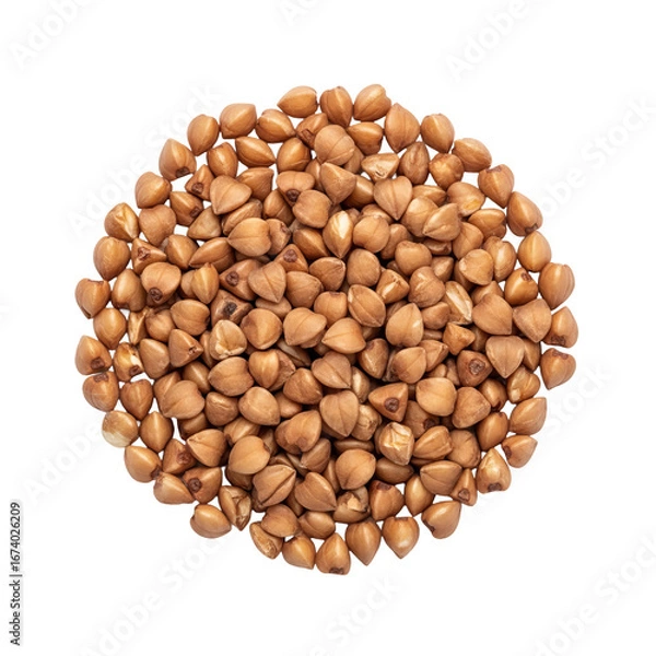 Fototapeta Pile of buckwheat grains are closely packed together in a circular arrangement against a isolated background.