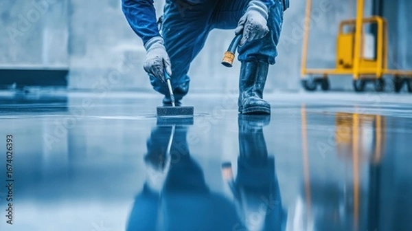 Obraz Worker applying sealant to a polished concrete floor