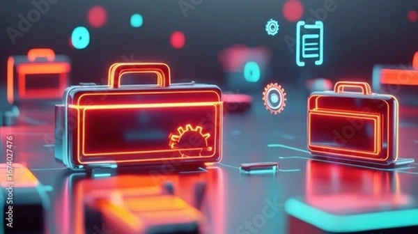 Obraz Neon-lit toolboxes on a futuristic platform, digital interface elements