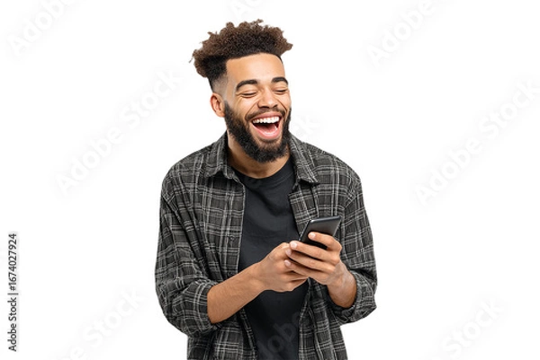Fototapeta Laughing man in a plaid shirt holds and looks at his phone, smiling. For adverts, technology branding, posters.