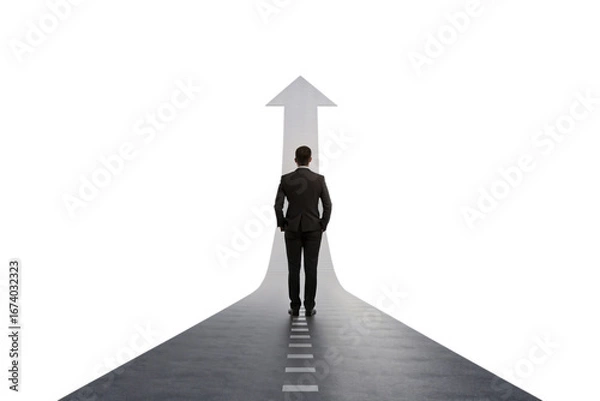 Fototapeta Corporate figure walking on dotted line toward upward arrow showing strategic planning and leadership, isolated on a transparent background