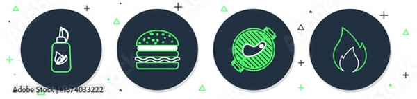Fototapeta Set line Burger, Barbecue grill with steak, Ketchup bottle and Fire flame icon. Vector