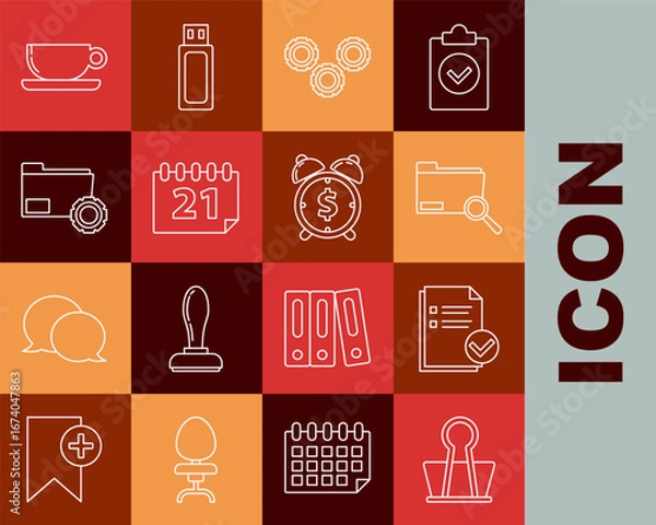 Fototapeta Set line Binder clip, Document and check mark, Search concept with folder, Gear, Calendar, Folder settings gears, Coffee cup flat and Alarm clock dollar symbol icon. Vector