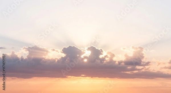 Fototapeta 穏やか夕焼け空 輝く太陽光線 美しい雲海. AI Generated