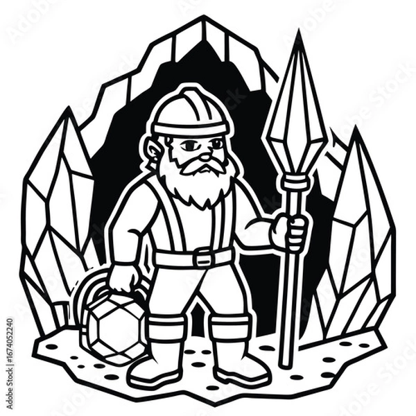 Fototapeta Sturdy dwarf miner with detailed beard and gear coloring page vector art design 