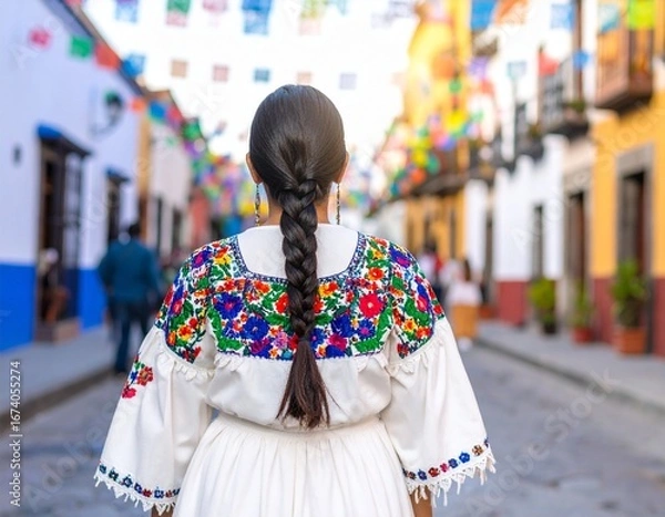 Fototapeta Generated image　伝統的なメキシコ民族衣装をまとった女性の後ろ姿。鮮やかな刺繍とカラフルな街並みが調和する、文化と歴史を感じる情景。