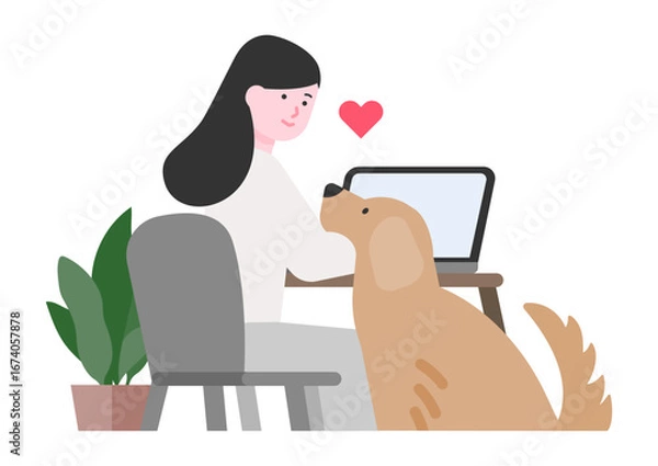 Obraz 在宅勤務でペットと過ごす女性