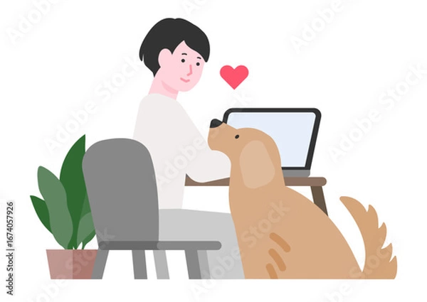 Obraz 在宅勤務でペットと過ごす男性