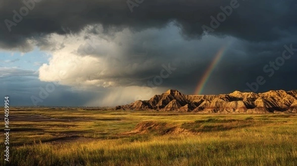 Fototapeta Calm After Storm. Beautiful Landscape with Rainbow, Clouds and Sunlight