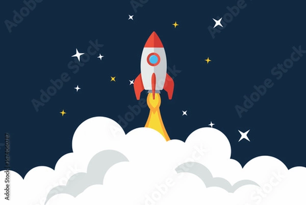 Fototapeta Colorful cartoon vector illustration: rocket launch into space with stars and clouds
