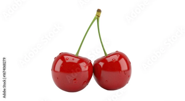 Fototapeta Two Ripe Red Cherries with Green Stems and Water Droplets on a Transparent Background