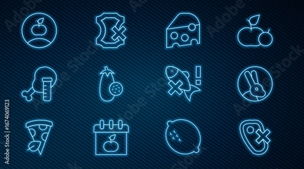 Fototapeta Set line No meat, Rabbit, Cheese, Eggplant, Genetically modified chicken, Apple, fish and leather icon. Vector