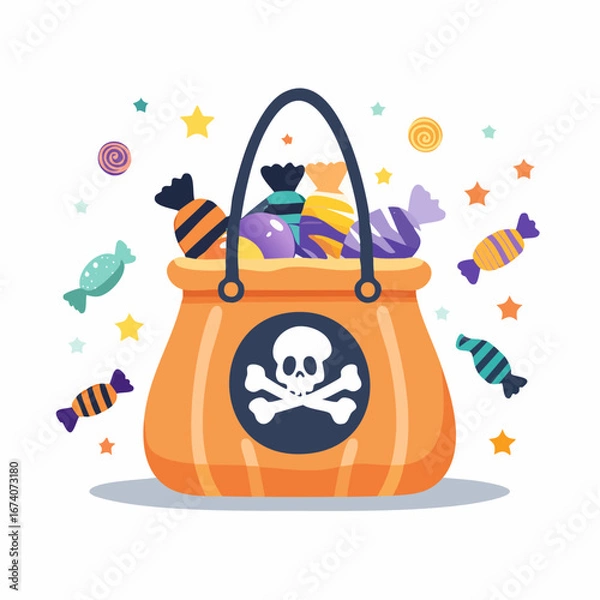 Obraz An orange Halloween trick-or-treat bag filled with colorful wrapped candies, featuring a skull and crossbones symbol, surrounded by scattered sweets and stars.