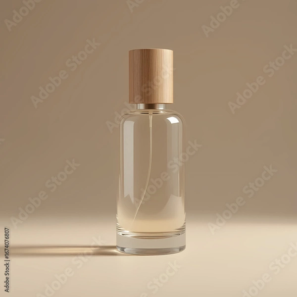 Obraz Minimalist Perfume Bottle Mockup with Wooden Cap | Luxury Fragrance Packaging Design