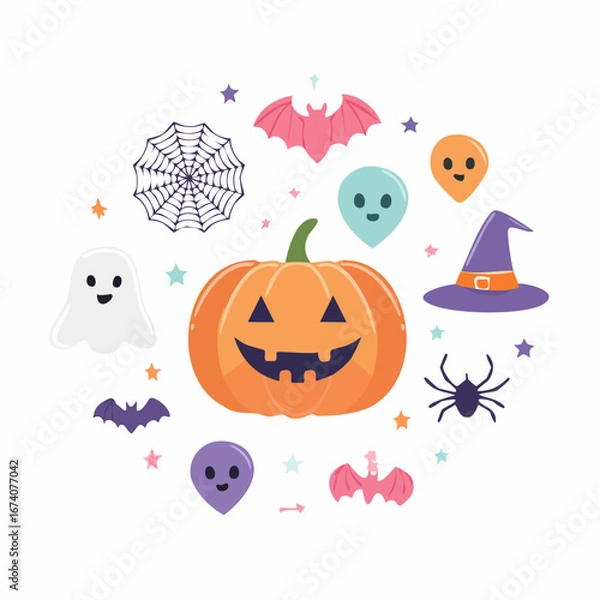 Obraz A cheerful collection of Halloween icons including a carved pumpkin, ghost, bats, spiders, witch hat, and stars arranged in a circular pattern.