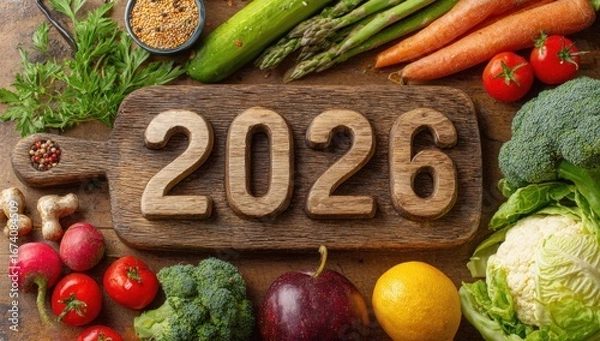 Fototapeta A wooden board displays the year 2026 surrounded by fresh vegetables and fruits, symbolizing a vibrant New Year's celebration intertwined with Christmas cheer and health