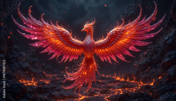 Fototapeta Phoenix Rebirth – A Fiery Mythical Bird Rising from the Flames in a Dark Inferno Sky