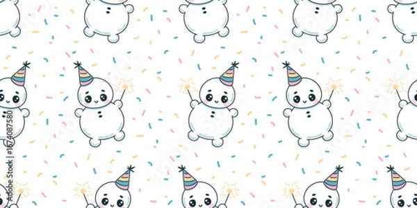 Obraz Cute snowmen celebrating on festive background. Vector seamless pattern.