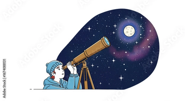 Fototapeta Woman Observes Stars Through a Pixelated Telescope Under Night Sky with Nebula and Transparent Background in Digital Pixel Art