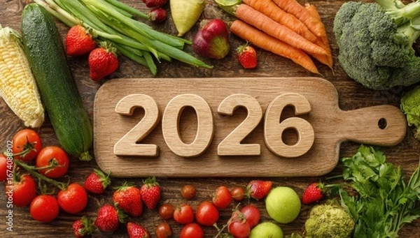 Obraz A wooden board displays the year 2026 surrounded by fresh vegetables and fruits, symbolizing a vibrant New Year's celebration intertwined with Christmas cheer and health