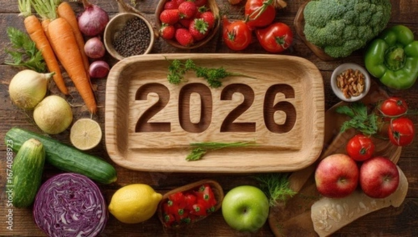 Obraz A wooden board displays the year 2026 surrounded by fresh vegetables and fruits, symbolizing a vibrant New Year's celebration intertwined with Christmas cheer and health