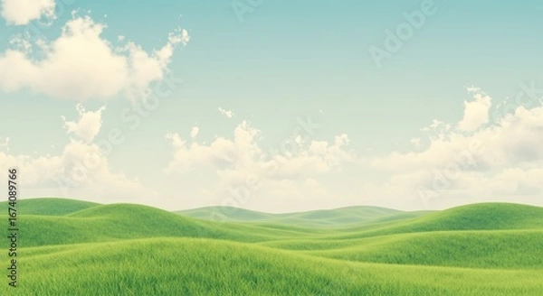 Fototapeta Serene panoramic view of rolling green hills covered in lush grass under a light blue sky with soft white clouds