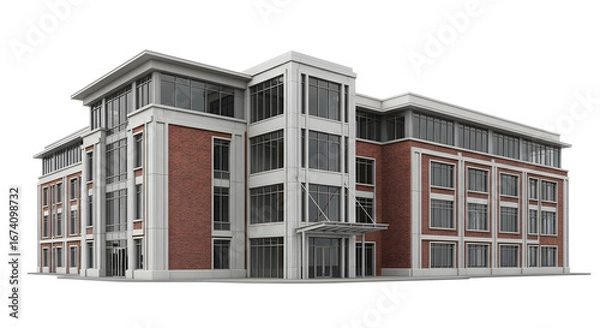 Obraz Architectural rendering of a contemporary multi-story business center with a classic brick facade and modern glass windows isolated