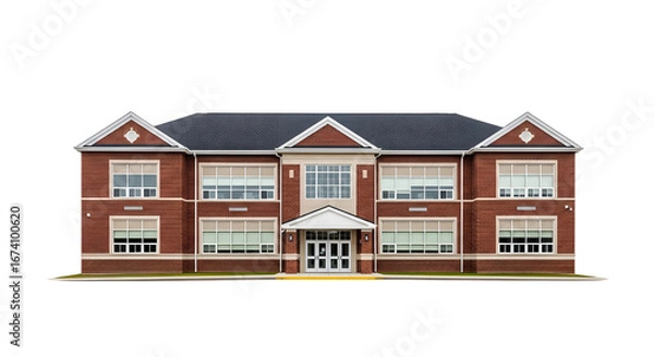Obraz Front view of a classic red brick school building, featuring a symmetrical design, numerous windows, and a prominent entrance, isolated on a pristine white background