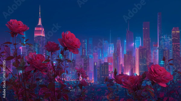 Fototapeta New York cityscape at night with neon cyberpunk style