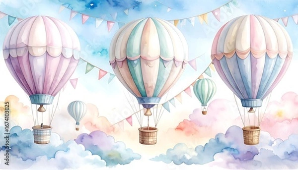 Fototapeta Three pastel-colored hot air balloons float serenely amidst soft clouds and festive flags against a vibrant sky.