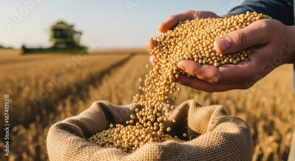 Fototapeta Harvesting Success Handfuls of Soybeans Pouring into Sack with Golden Field Backdrop